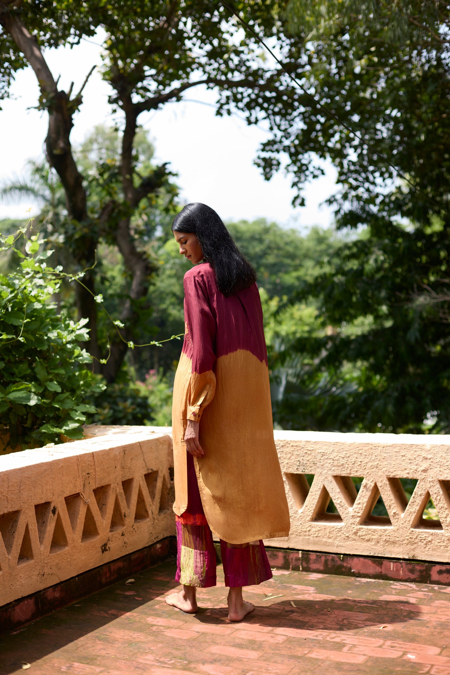 Mustard & Maroon Silk Ombre Dyed Tunic Set