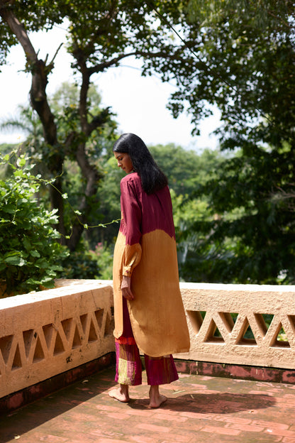Mustard & Maroon Silk Ombre Dyed Tunic Set