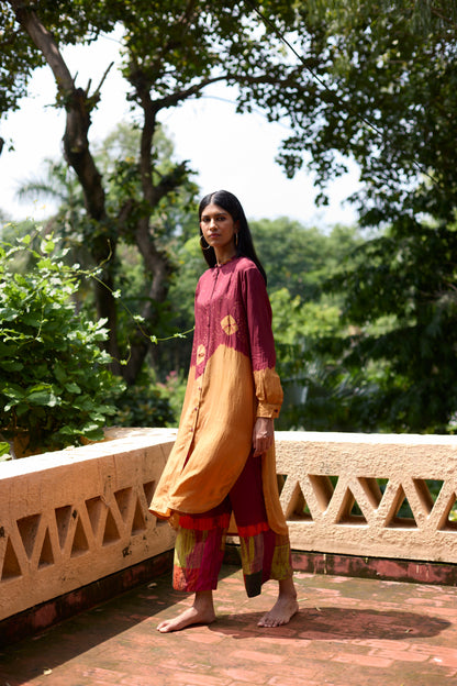 Mustard & Maroon Silk Ombre Dyed Tunic Set