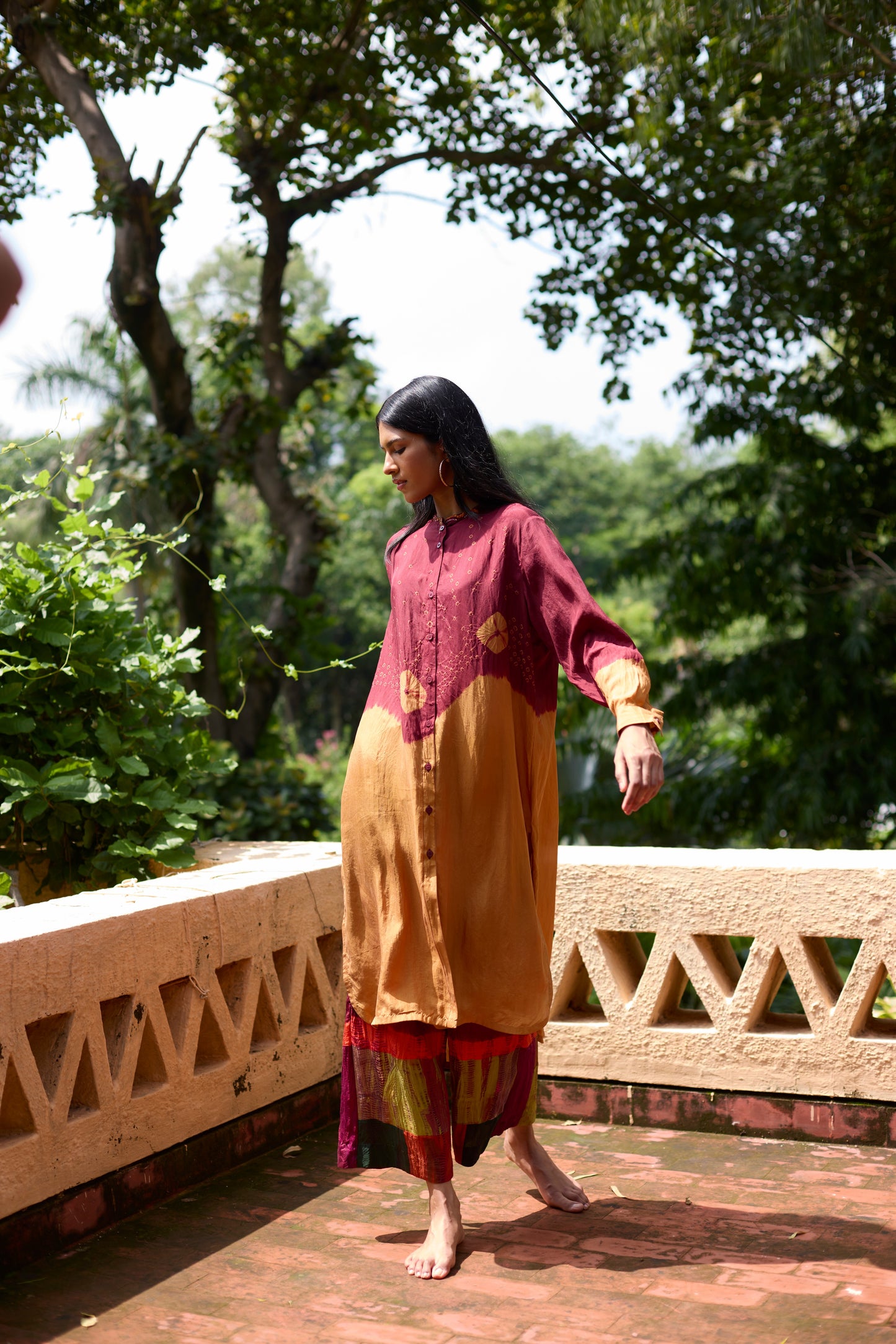 Mustard & Maroon Silk Ombre Dyed Tunic Set