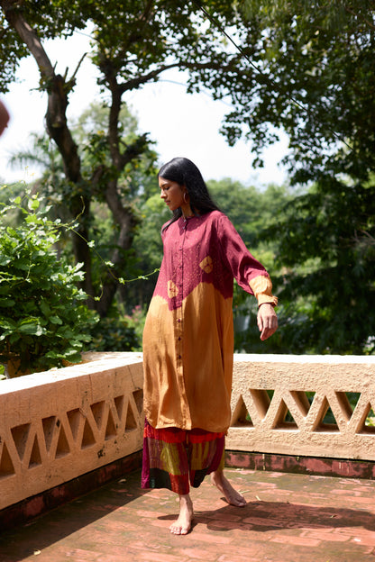 Mustard & Maroon Silk Ombre Dyed Tunic Set