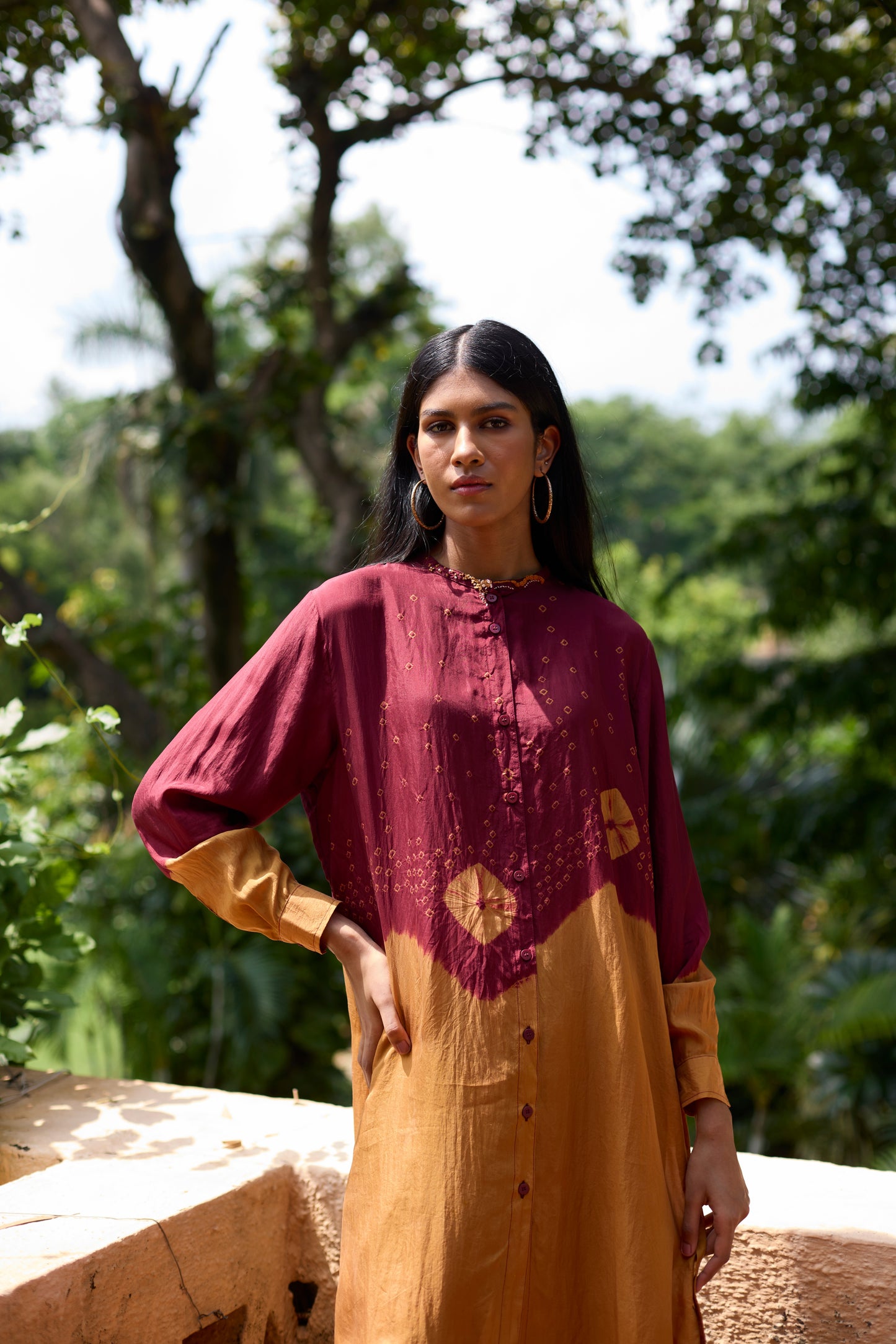 Mustard & Maroon Silk Ombre Dyed Tunic Set