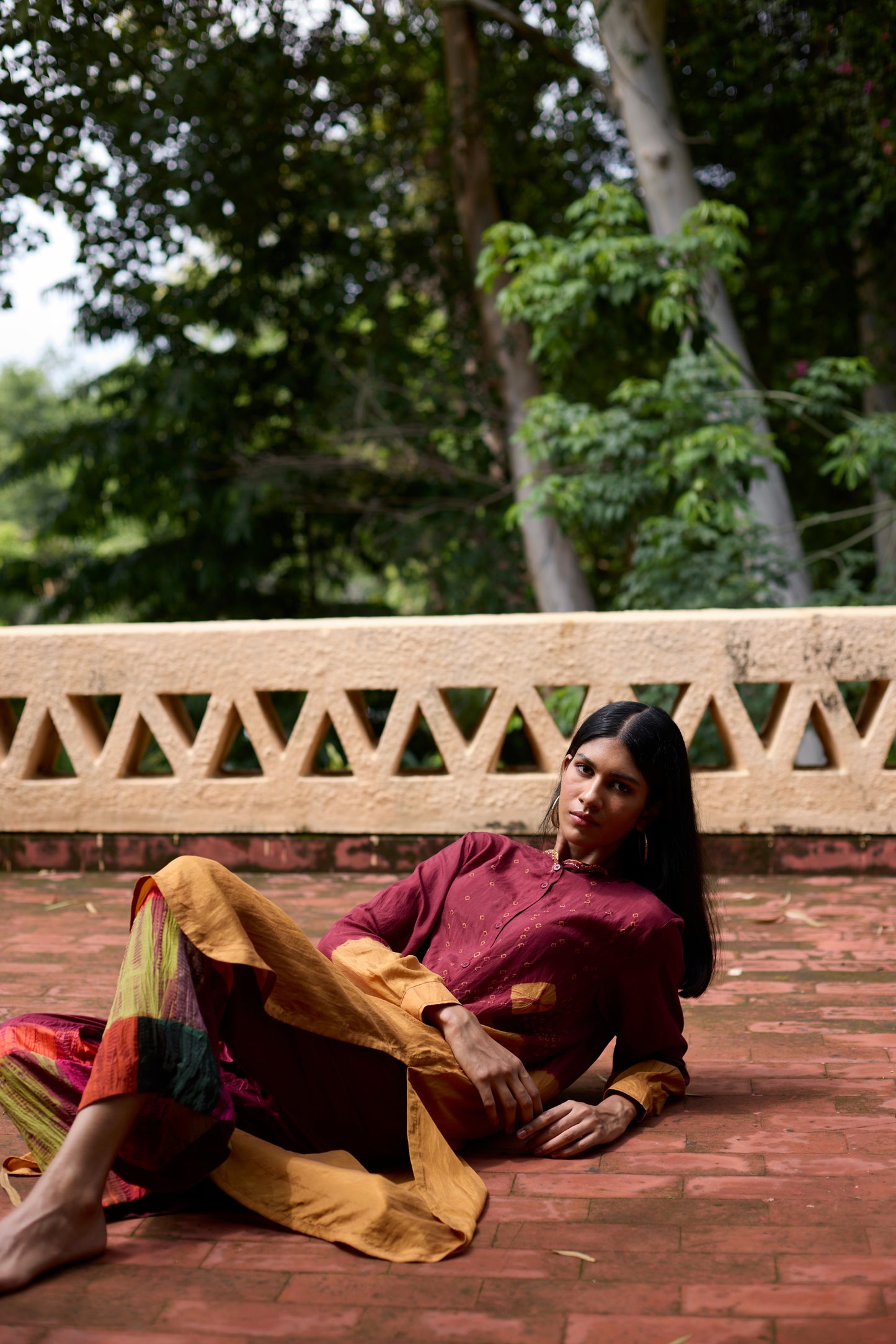 Mustard & Maroon Silk Ombre Dyed Tunic Set