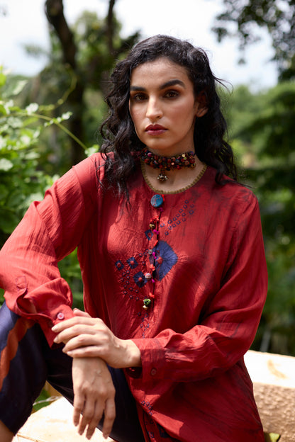 Orange Pure Silk Tie-Dye with Handwork Kurta Set