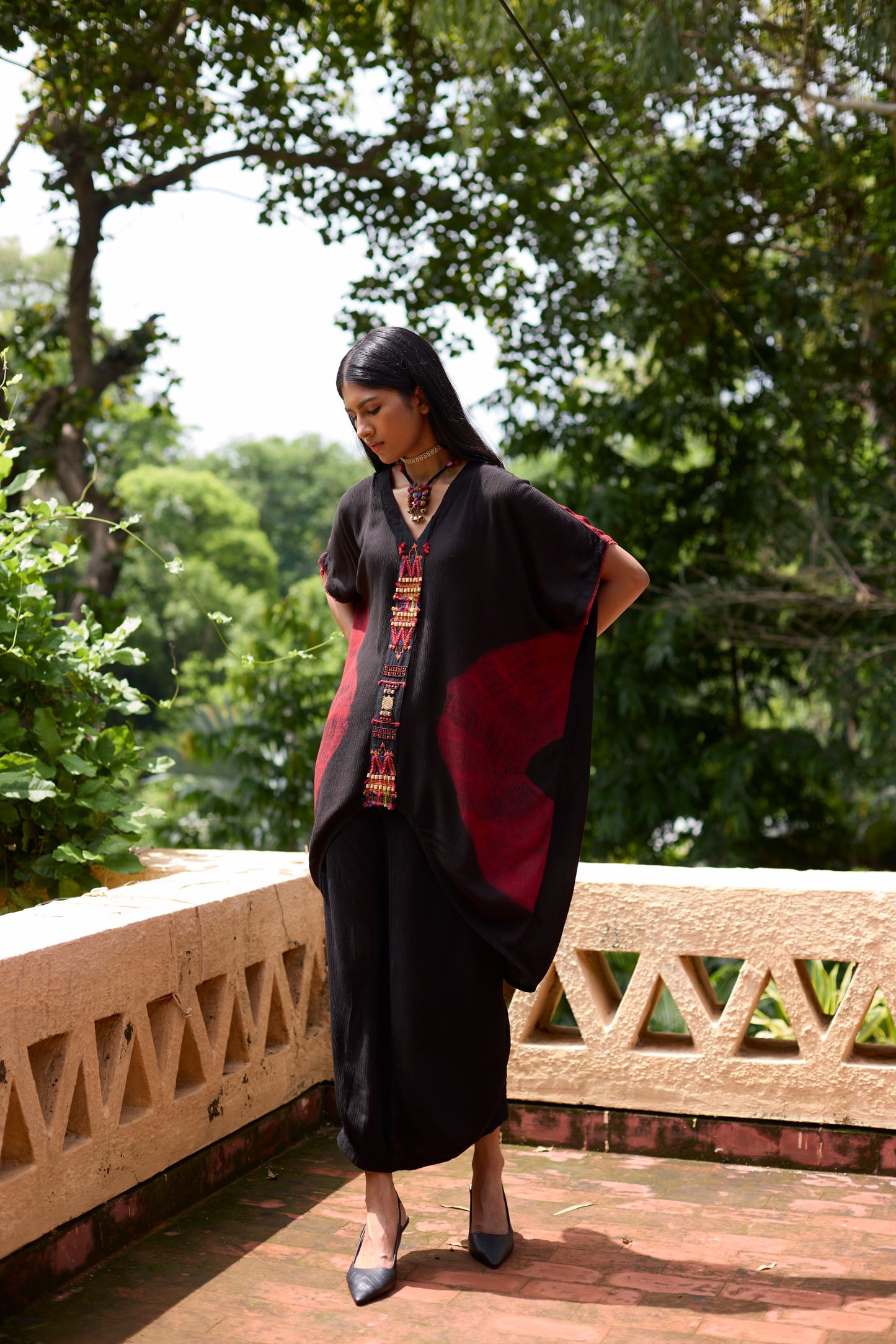 Black Crinkle Satin Tie-Dye Tunic Skirt Set