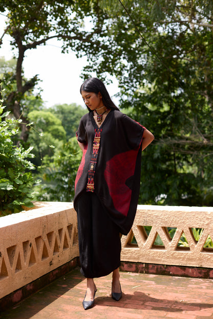 Black Crinkle Satin Tie-Dye Tunic Skirt Set