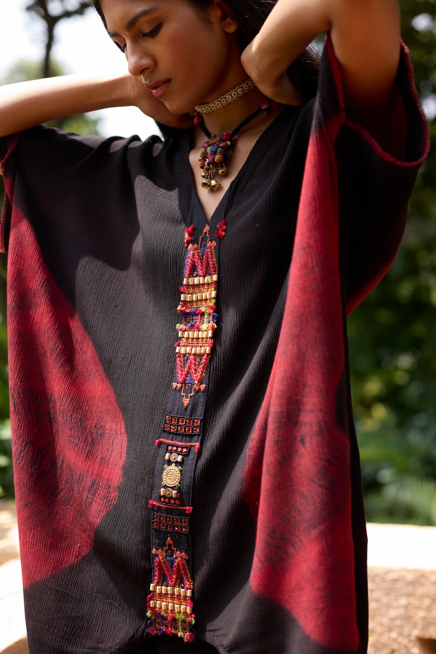 Black Crinkle Satin Tie-Dye Tunic Skirt Set