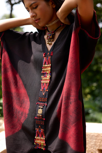 Black Crinkle Satin Tie-Dye Tunic Skirt Set