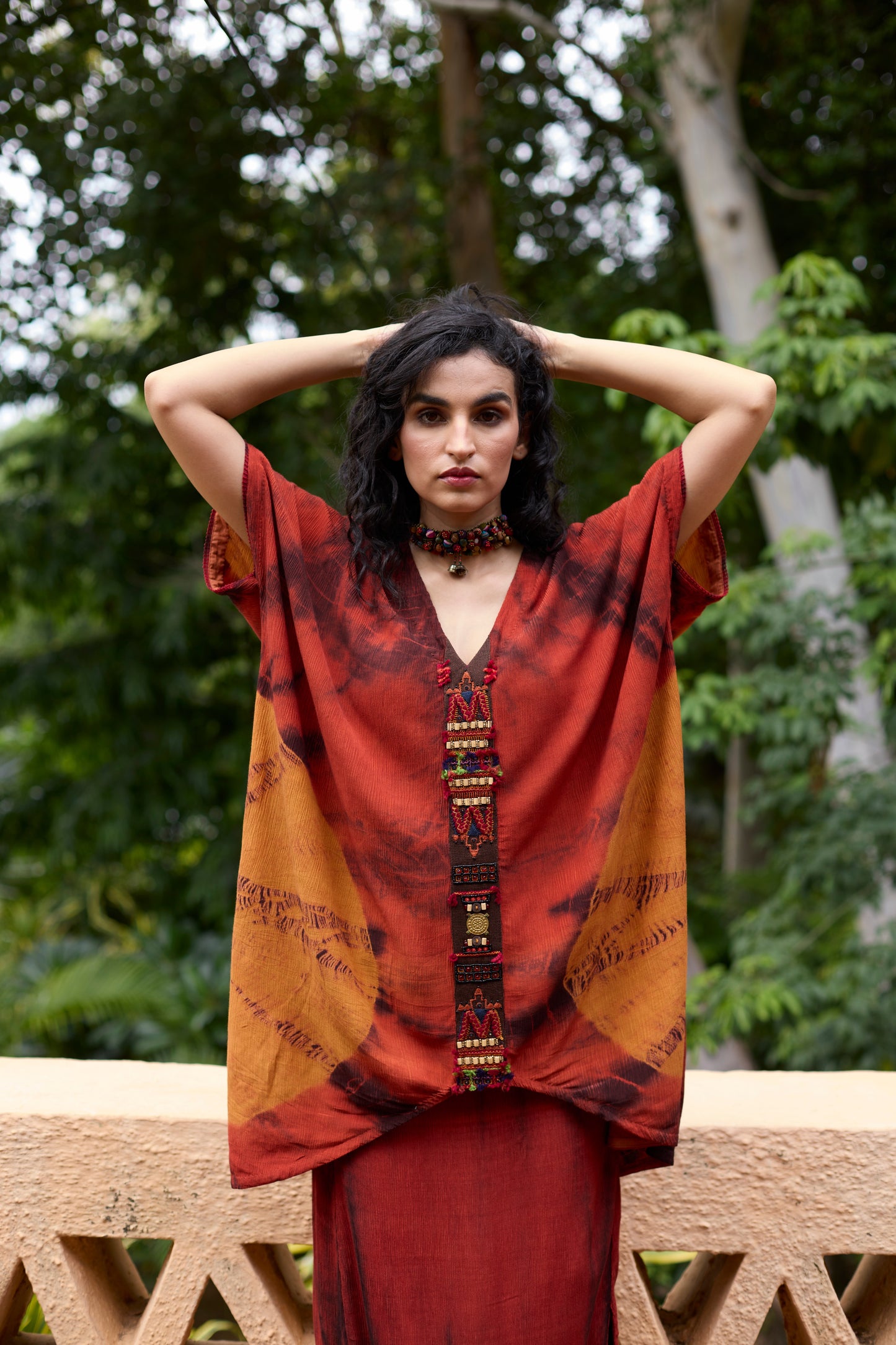 Orange Crinkle Satin Tie-Dye Tunic Skirt Set