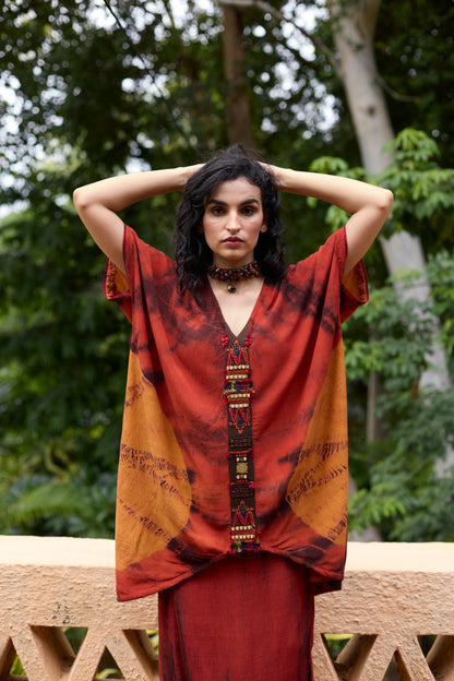 Orange Crinkle Satin Tie-Dye Tunic Skirt Set
