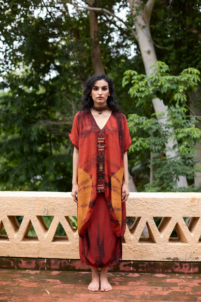 Orange Crinkle Satin Tie-Dye Tunic Skirt Set