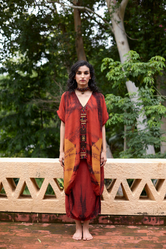 Orange Crinkle Satin Tie-Dye Tunic Skirt Set