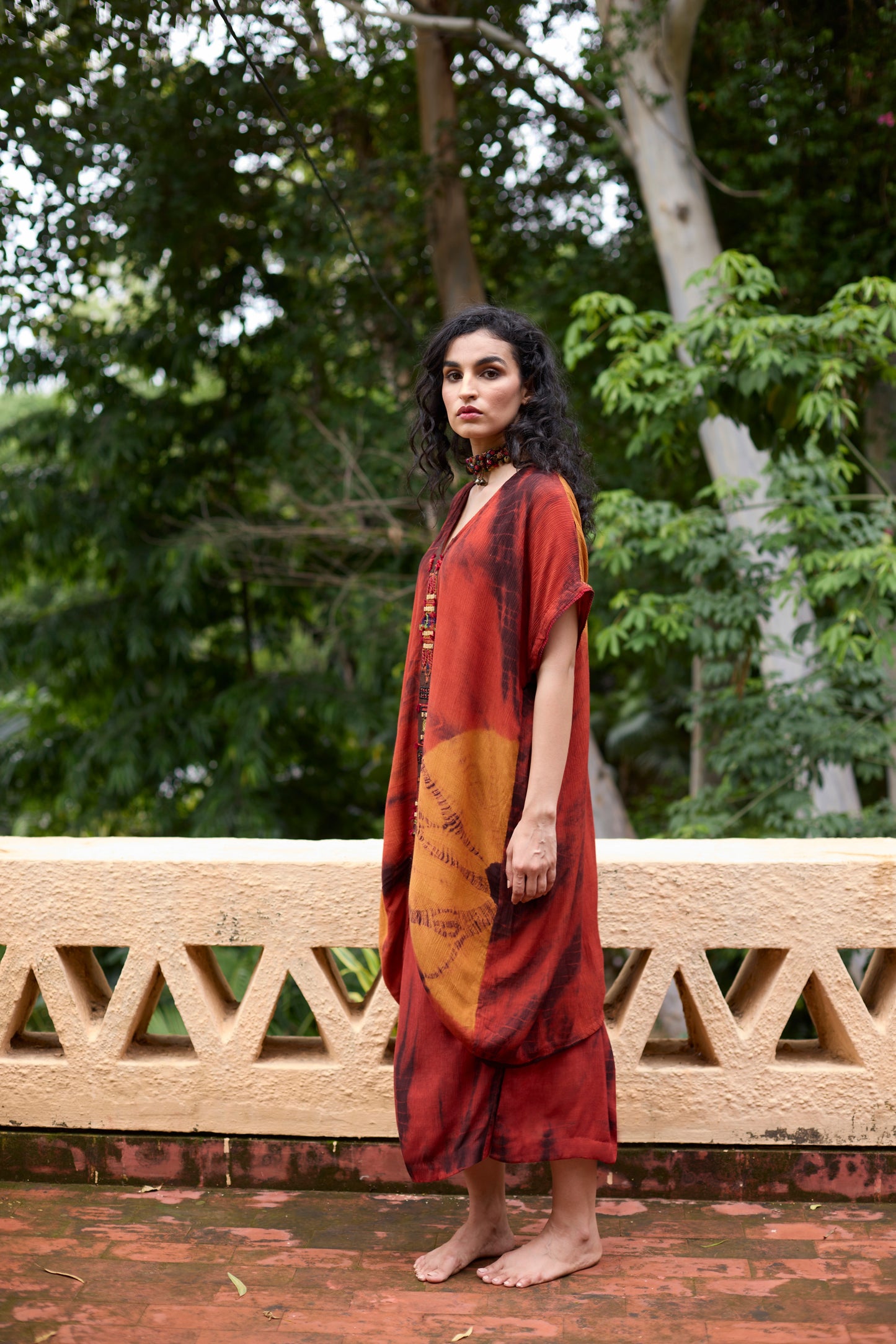 Orange Crinkle Satin Tie-Dye Tunic Skirt Set