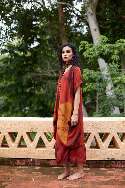 Orange Crinkle Satin Tie-Dye Tunic Skirt Set