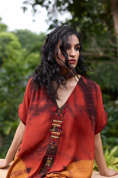 Orange Crinkle Satin Tie-Dye Tunic Skirt Set