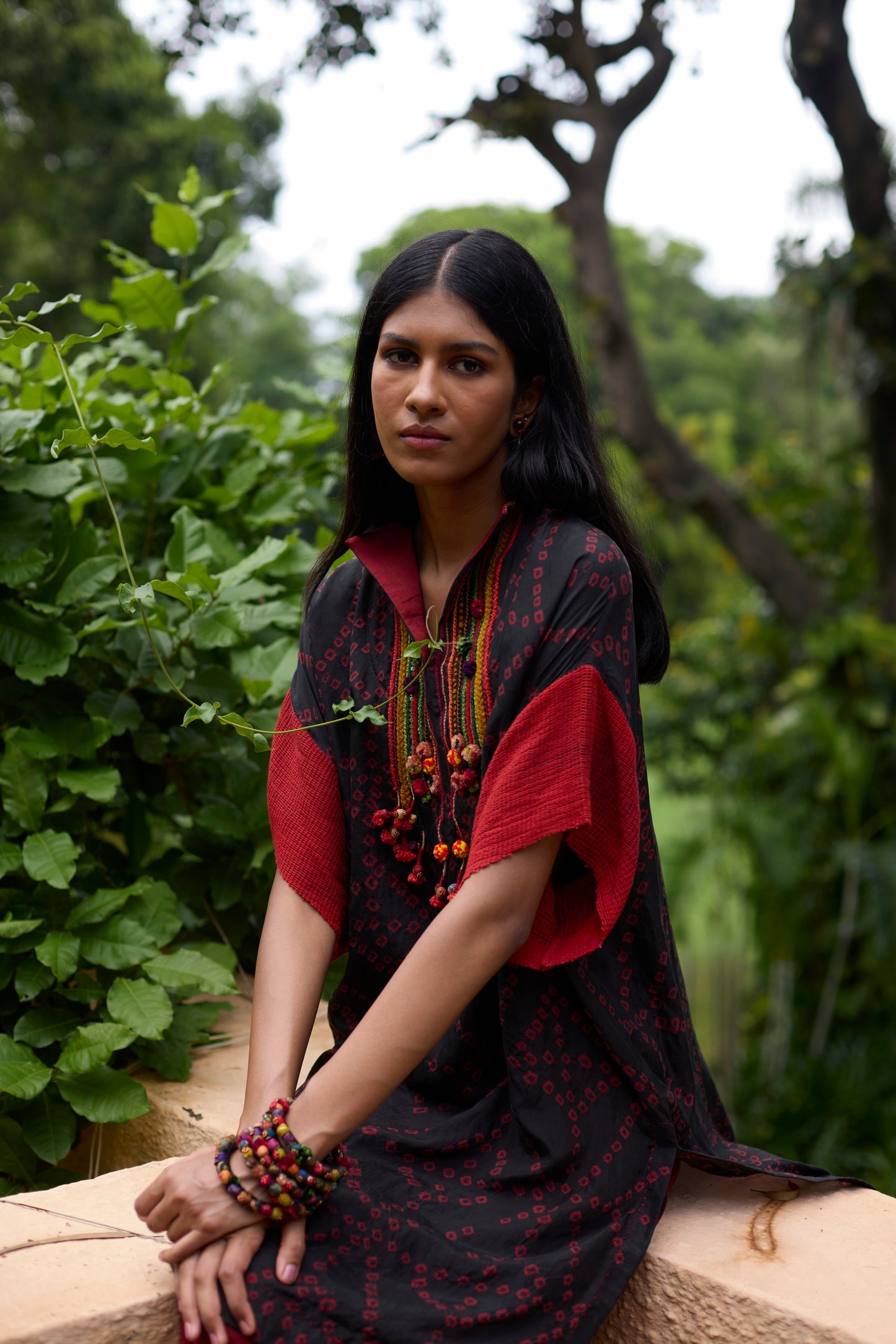 Black & Red Silk Bandhani Ombre Dyed Kurta Set
