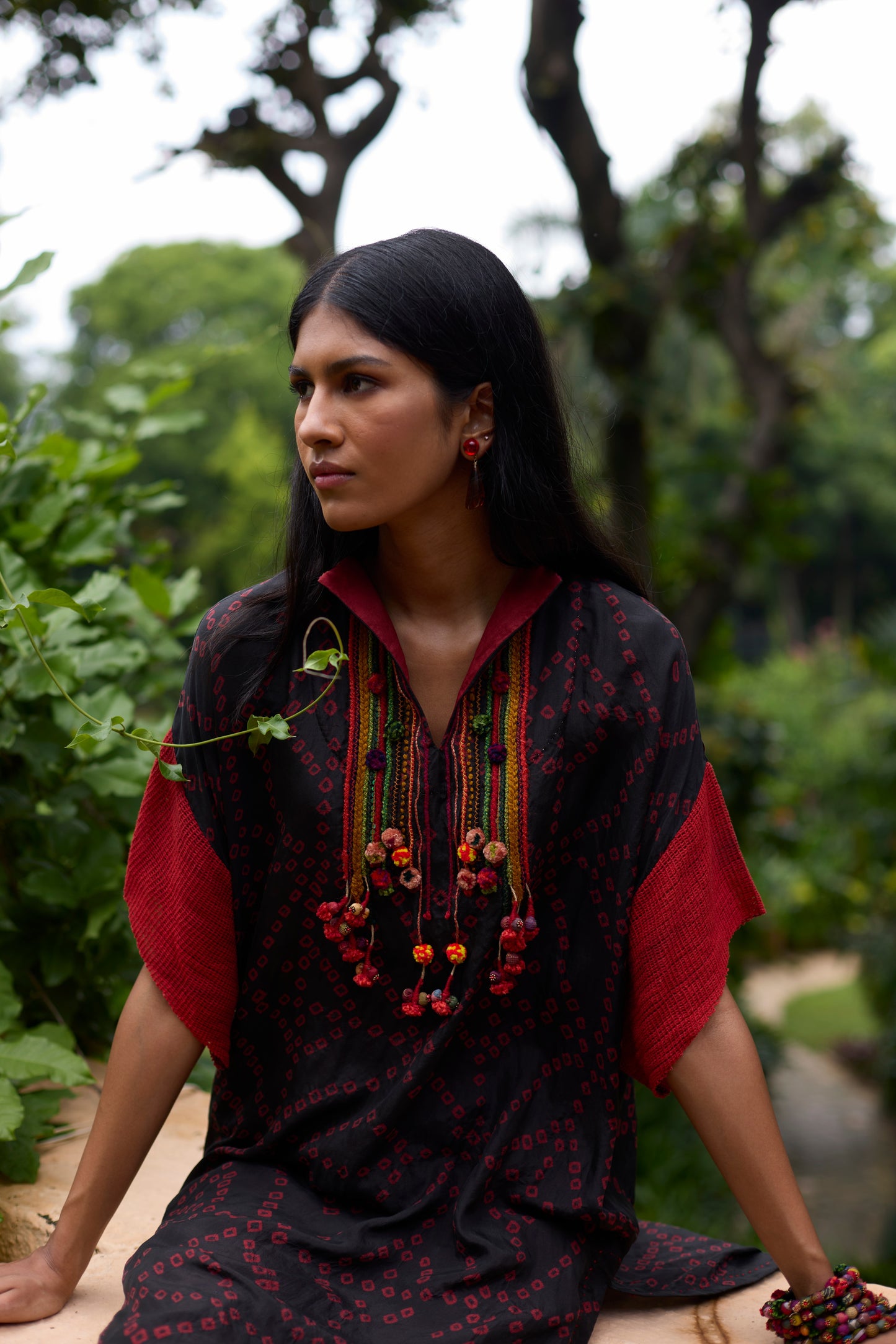 Black & Red Silk Bandhani Ombre Dyed Kurta Set