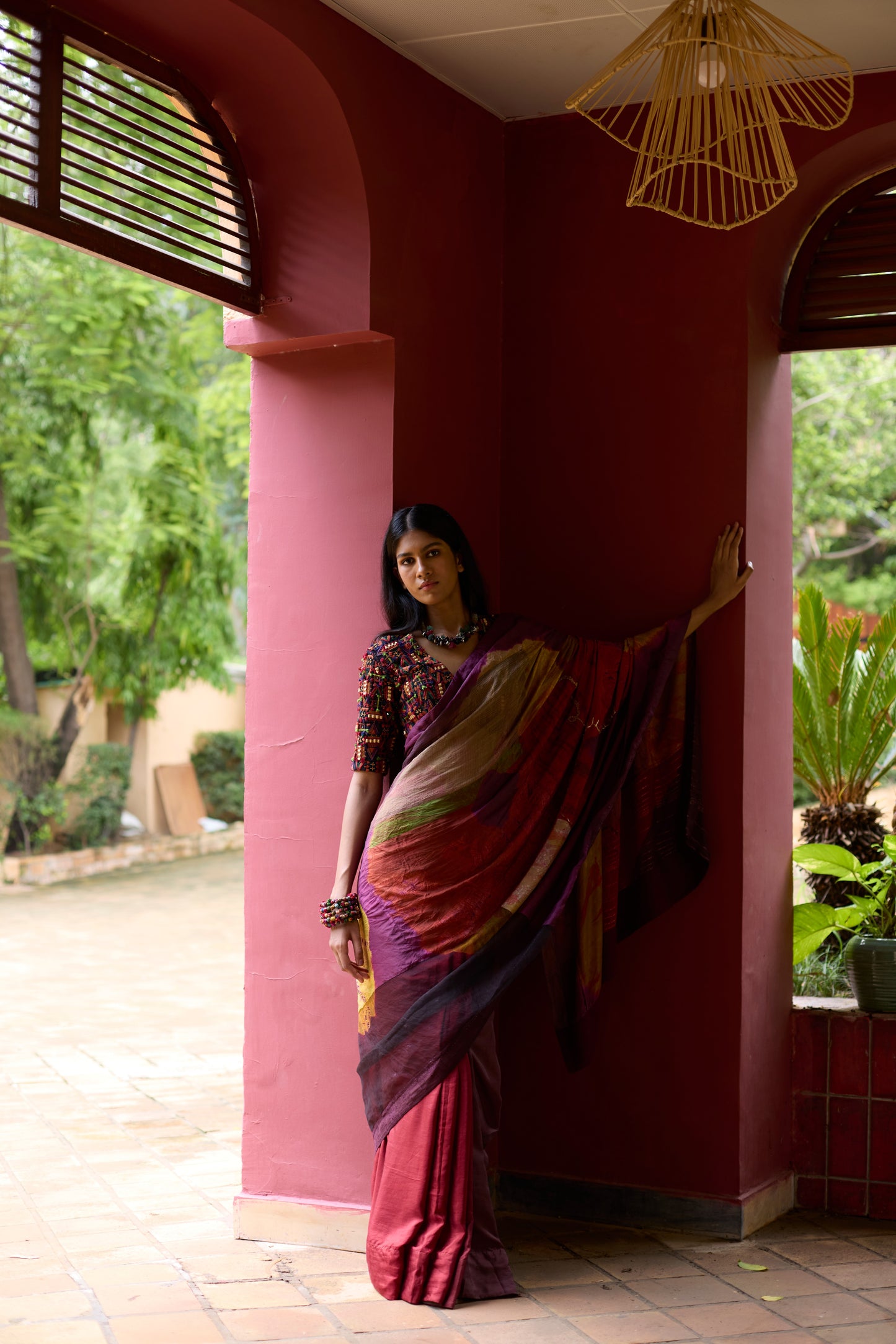 Multicolor Silk Patchwork Overdyed Saree Set