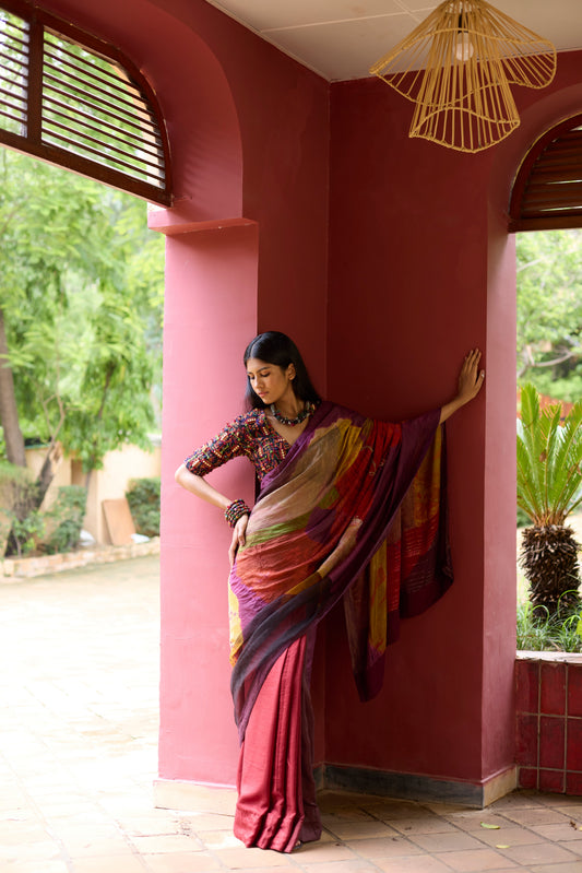Multicolor Silk Patchwork Overdyed Saree Set