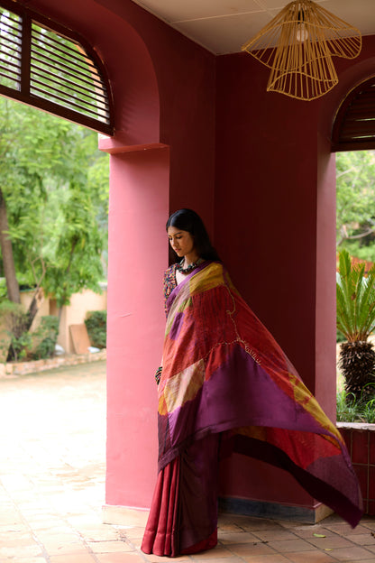 Multicolor Silk Patchwork Overdyed Saree Set