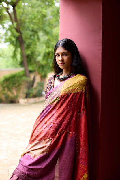 Multicolor Silk Patchwork Overdyed Saree Set