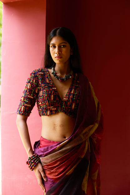 Multicolor Silk Patchwork Overdyed Saree Set