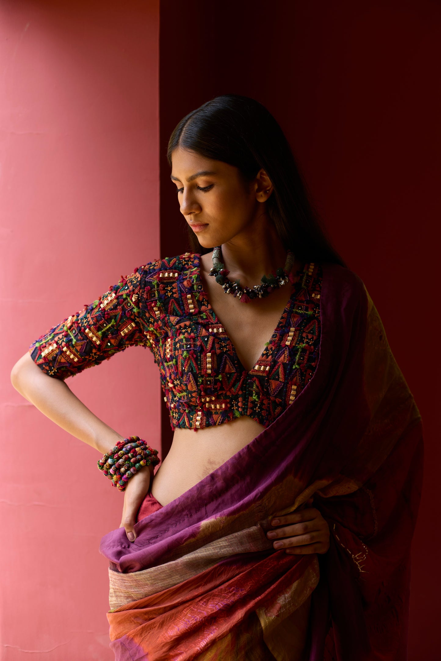 Multicolor Silk Patchwork Overdyed Saree Set