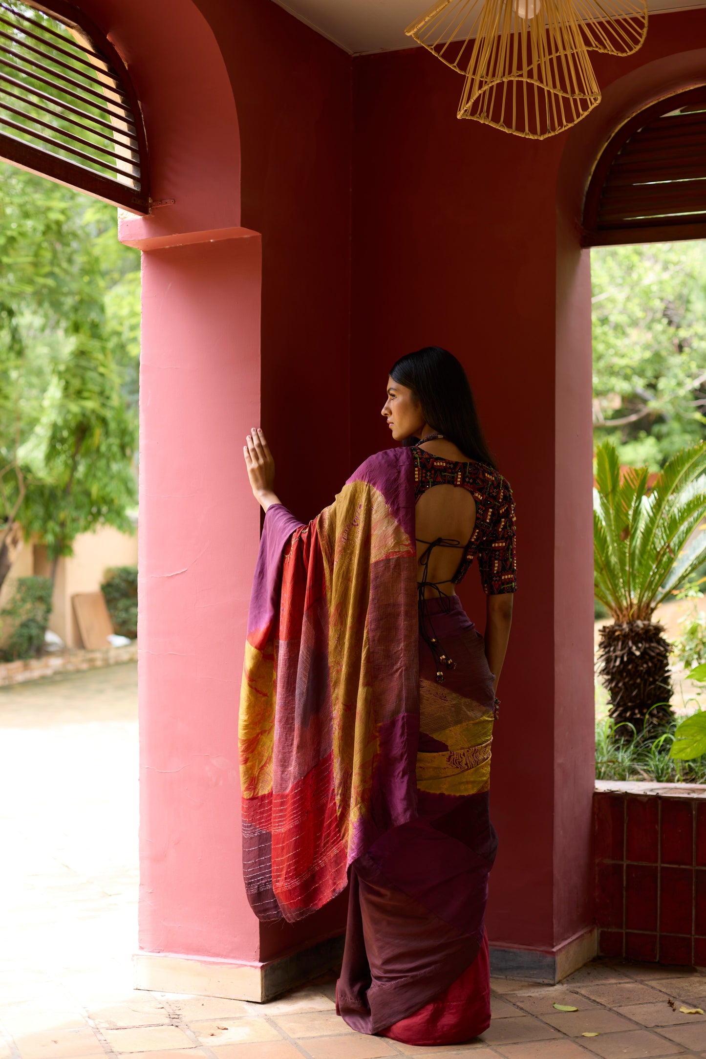 Multicolor Silk Patchwork Overdyed Saree Set
