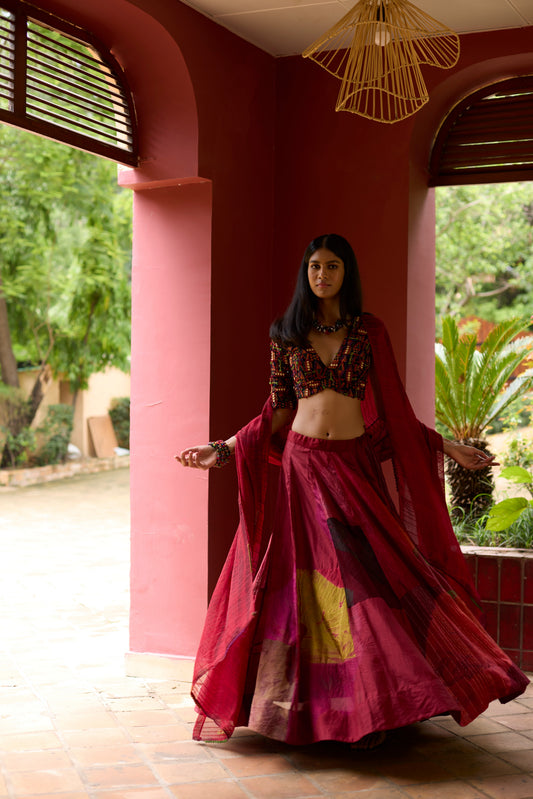 Multicolor Silk Overdyed & Embroidered Lehenga Set