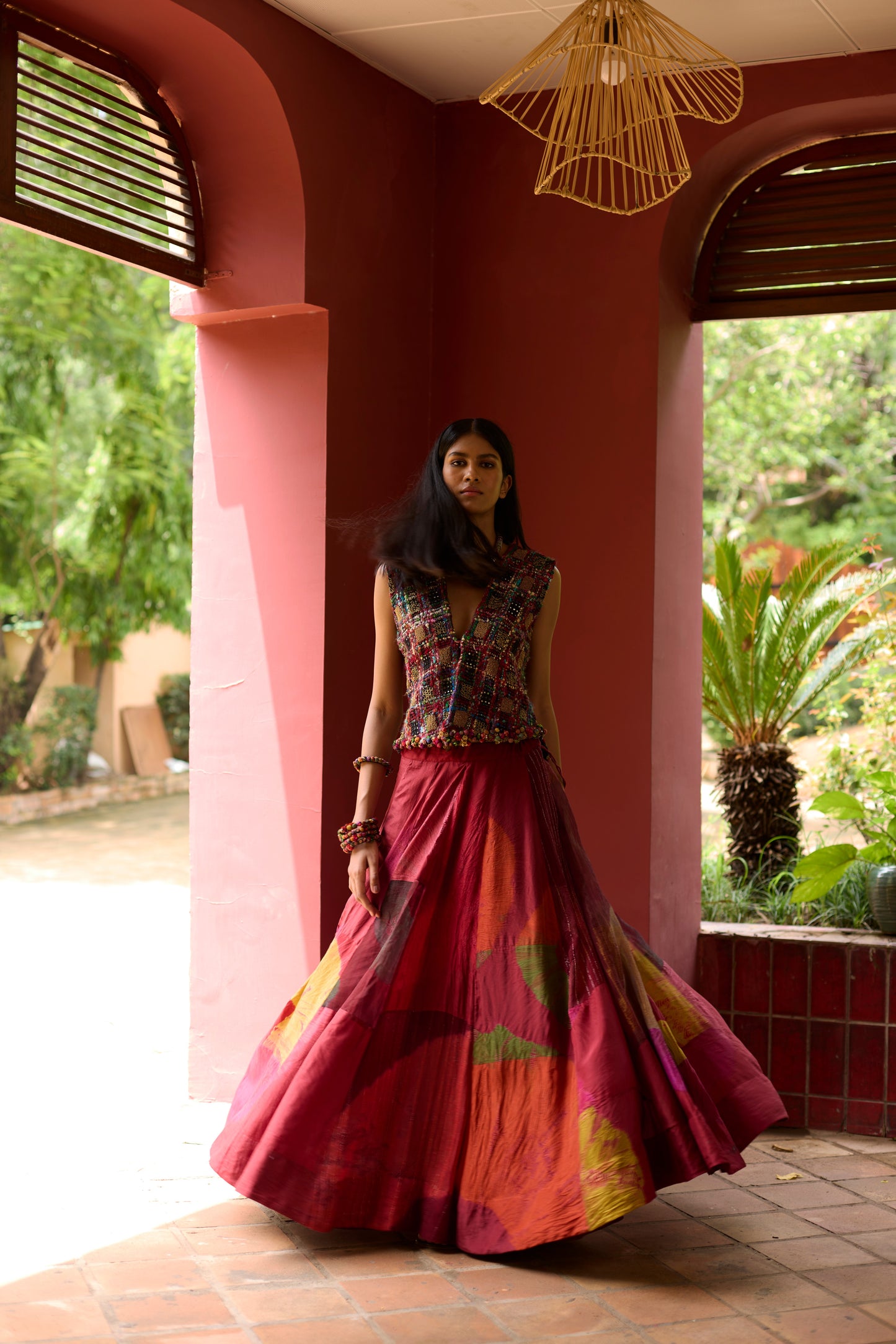 Multicolor Silk Patchwork Dyed Jacked Lehenga Set