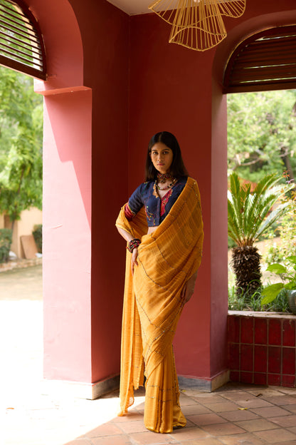 Yellow & Blue Chiffon Embroidered Saree Set