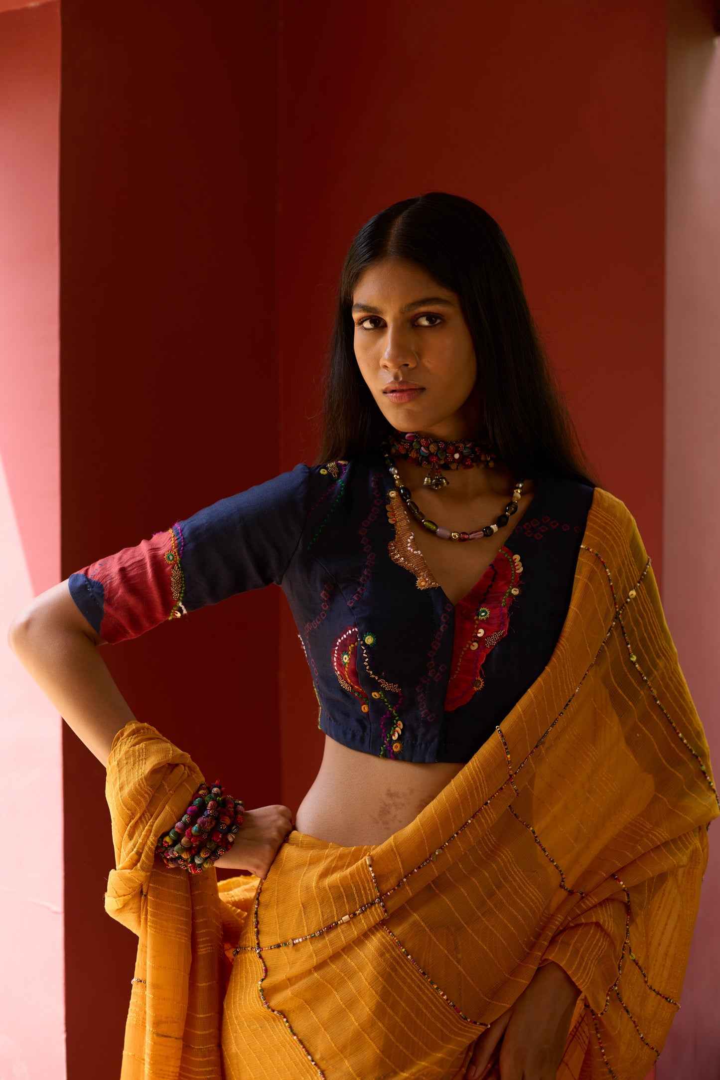 Yellow & Blue Chiffon Embroidered Saree Set