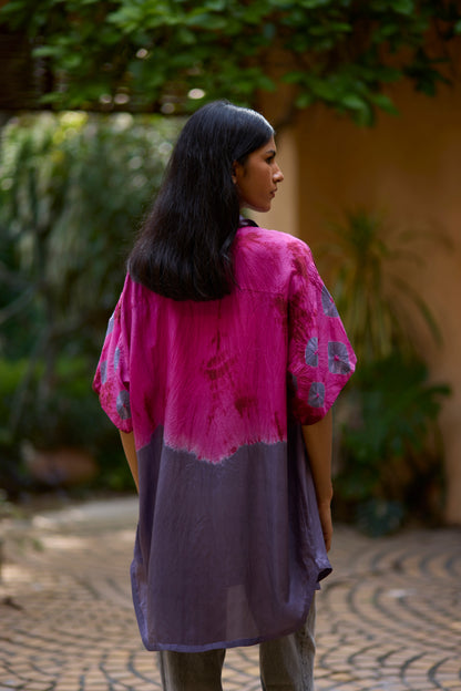 Pink & Grey pure silk tie-dye ombre shirt