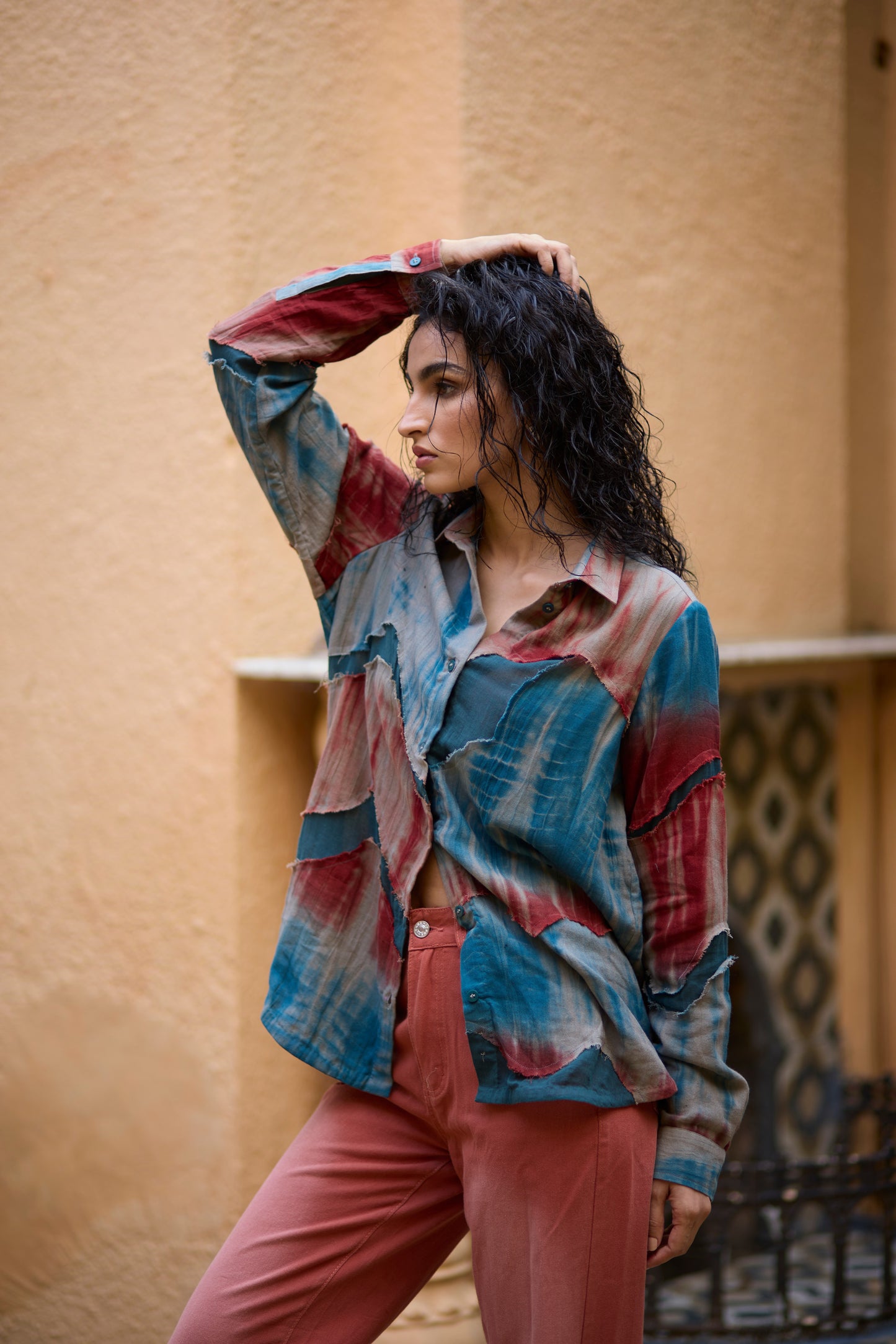 Blue & Red Cotton Abstract Patchwork Shirt
