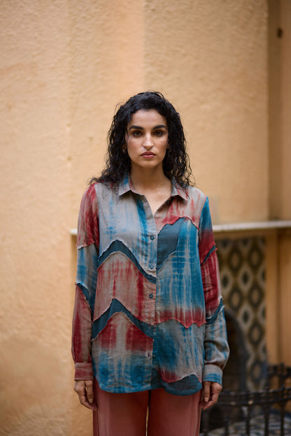Blue & Red Cotton Abstract Patchwork Shirt