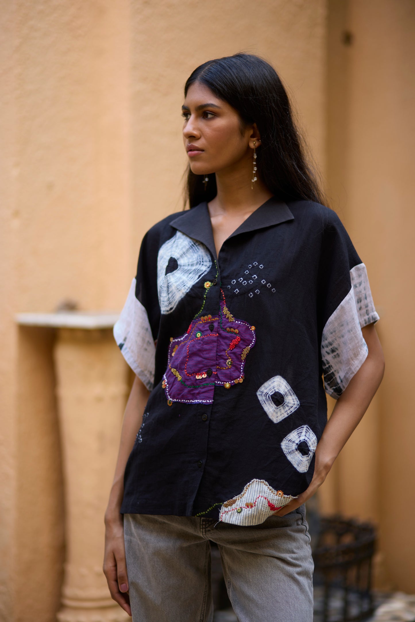 Black Cotton Placement Bandhani Kaftan Shirt