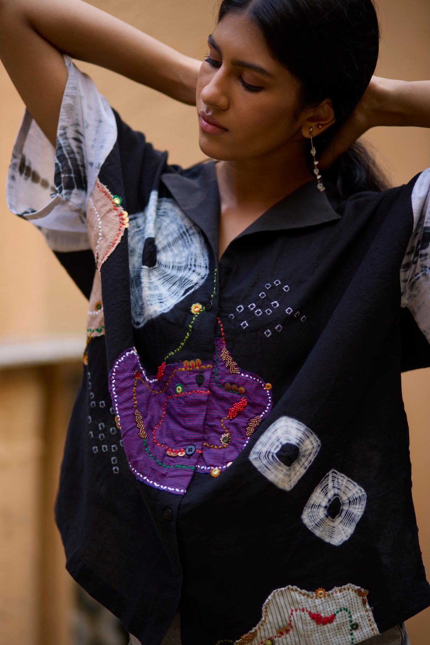 Black Cotton Placement Bandhani Kaftan Shirt