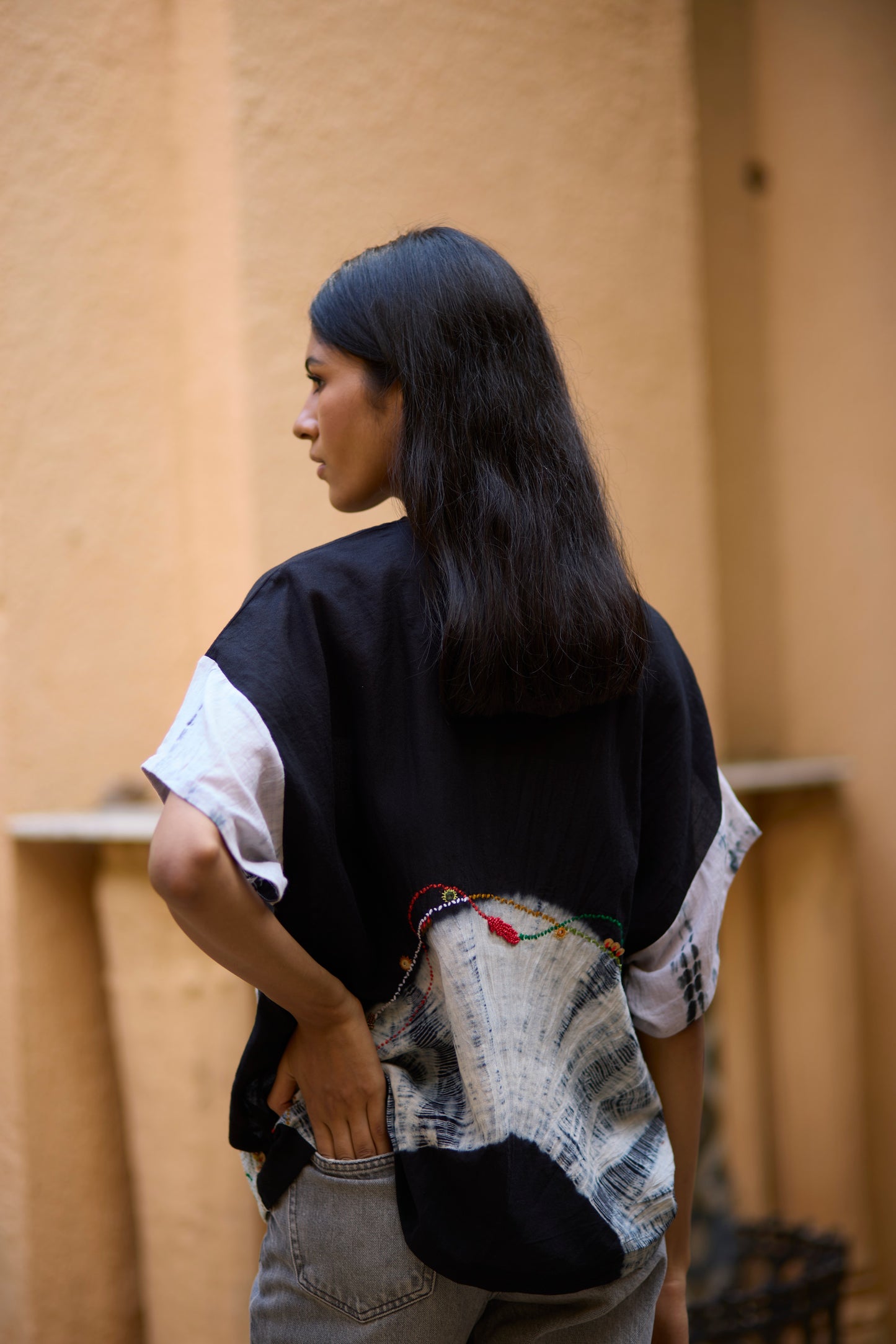 Black Cotton Placement Bandhani Kaftan Shirt