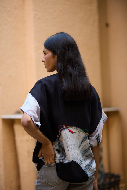 Black Cotton Placement Bandhani Kaftan Shirt