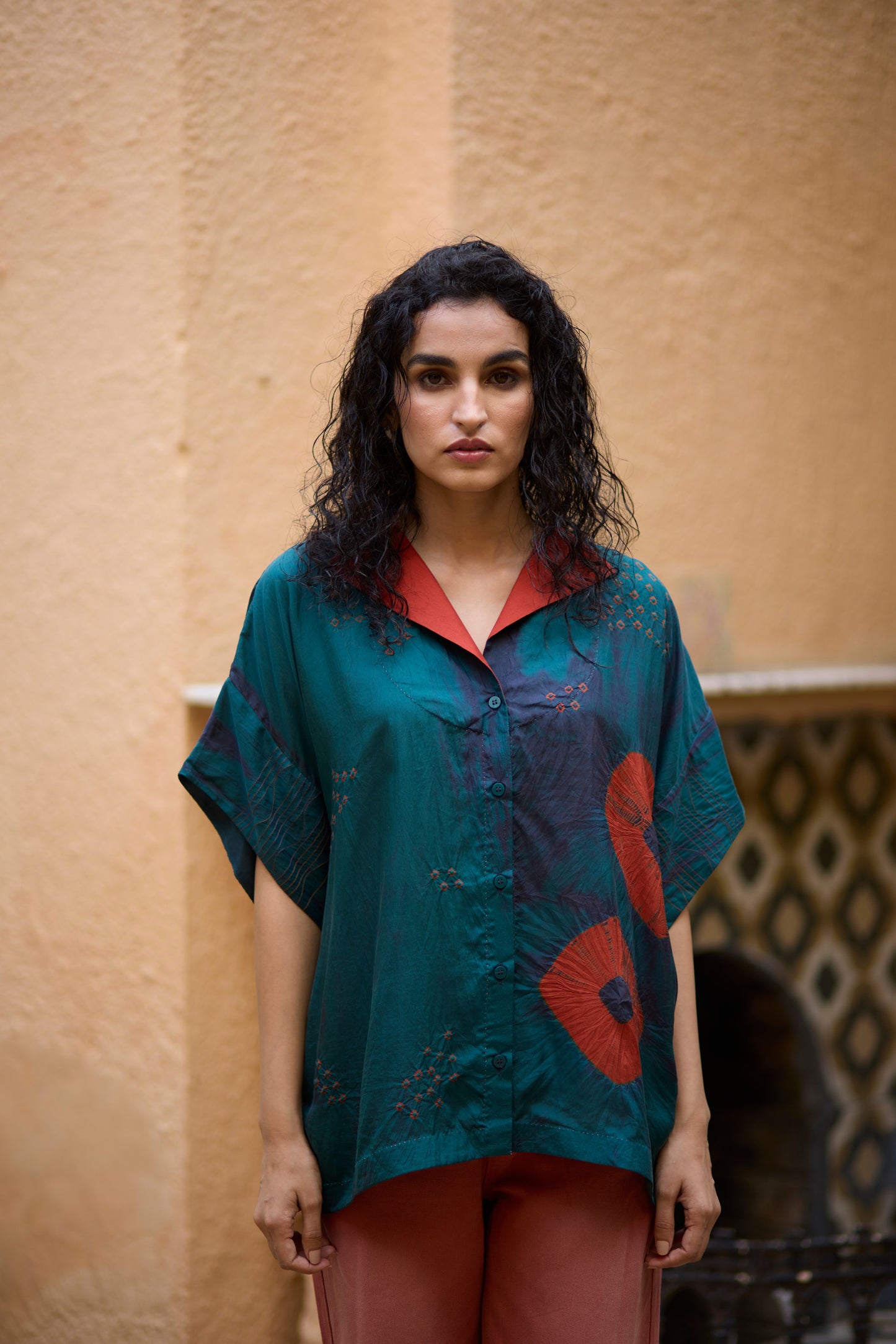 Teal & Orange Pure Silk Bandhani & Tie-Dye Shirt