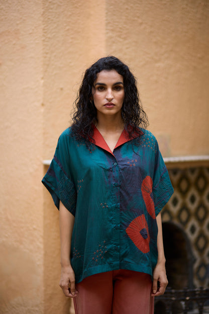 Teal & Orange Pure Silk Bandhani & Tie-Dye Shirt