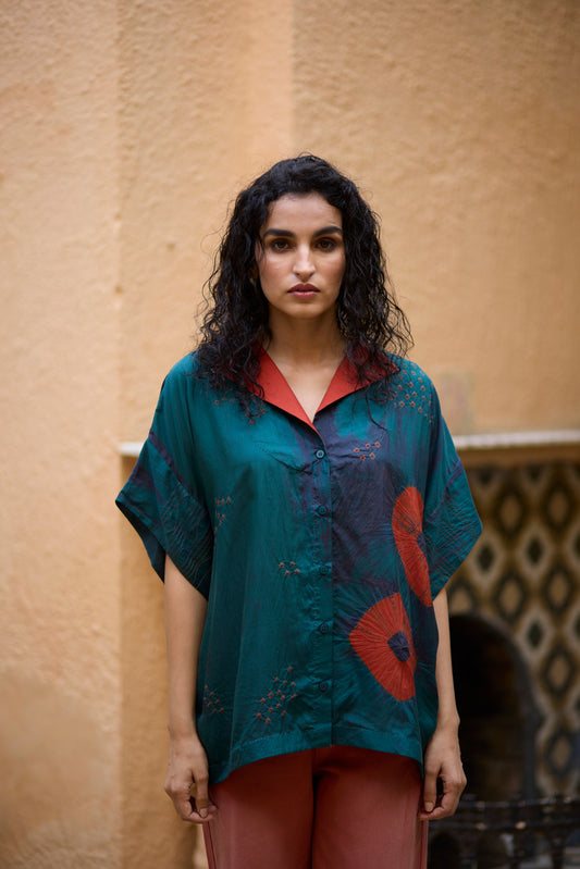 Teal & Orange Pure Silk Bandhani & Tie-Dye Shirt