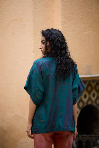 Teal & Orange Pure Silk Bandhani & Tie-Dye Shirt