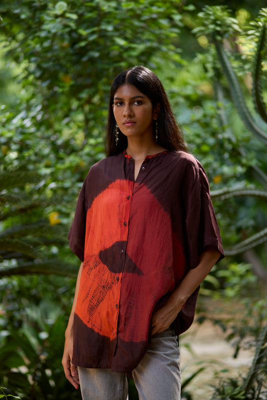 Brown Pure Silk Tie-Dye Panelled Shirt
