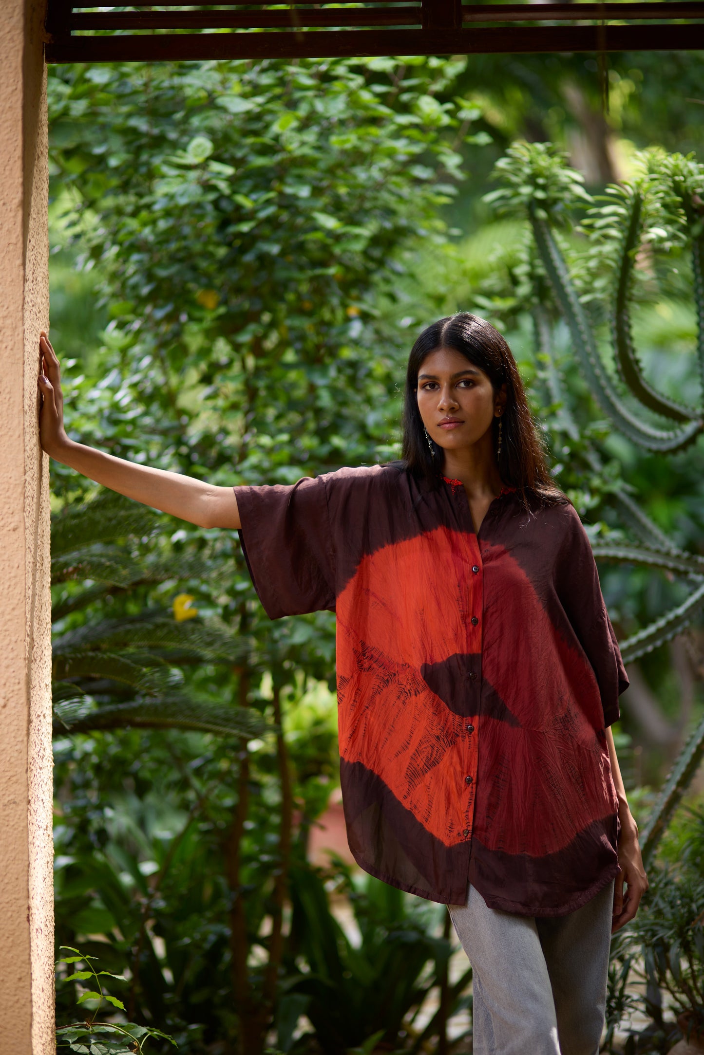 Brown Pure Silk Tie-Dye Panelled Shirt