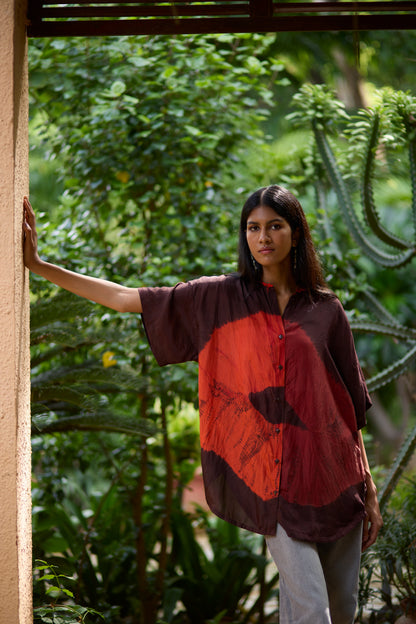 Brown Pure Silk Tie-Dye Panelled Shirt