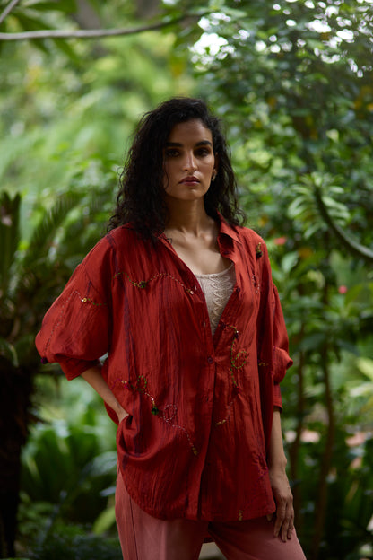 Orange Pure Silk Hand Embroidered Abstract Shirt