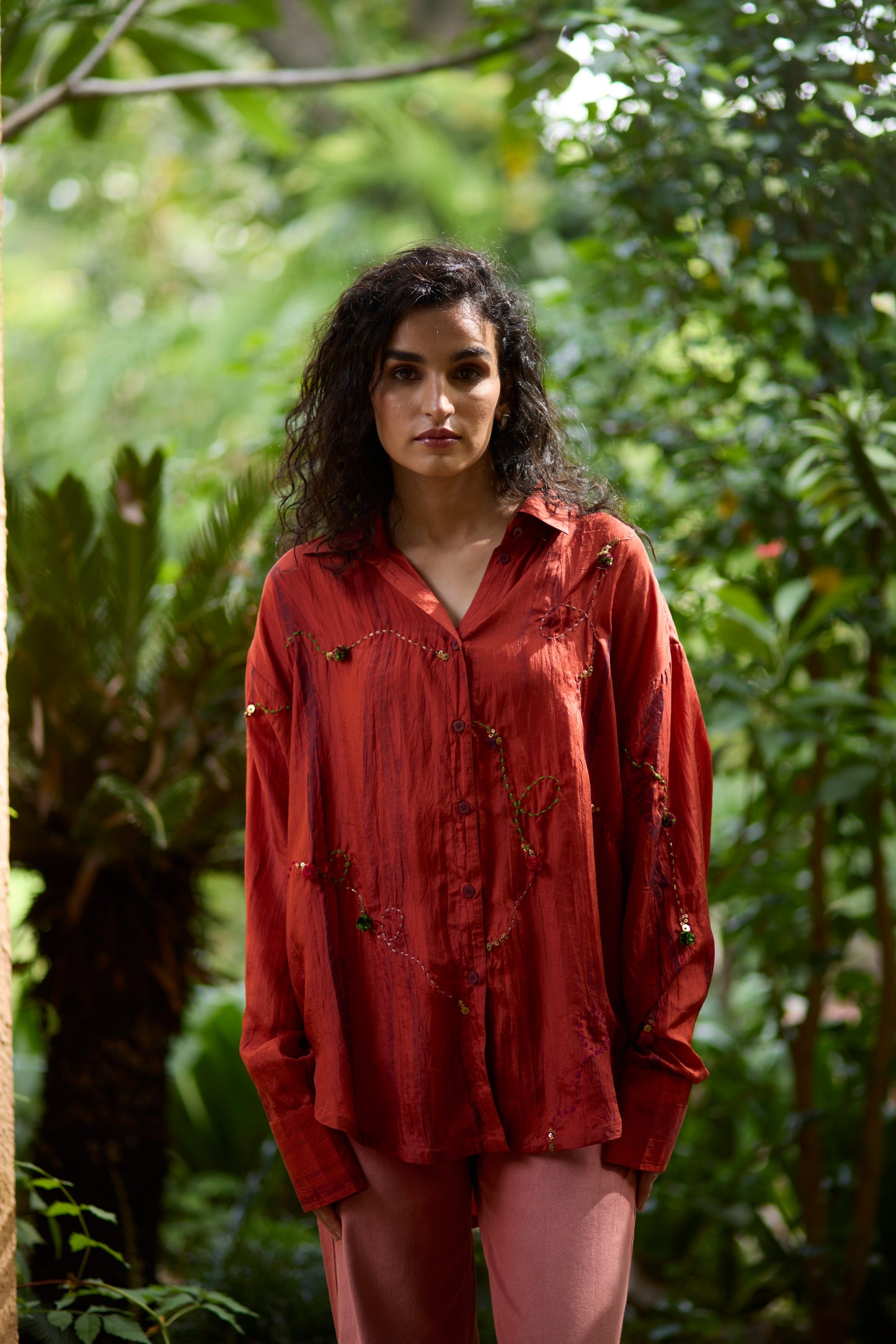 Orange Pure Silk Hand Embroidered Abstract Shirt