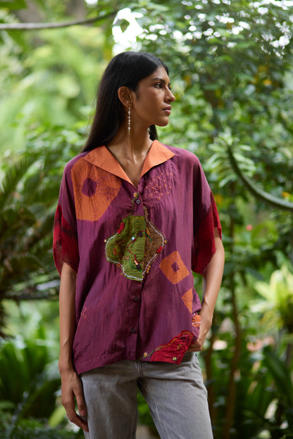 Plum Pure Silk Placement Bandhani Kaftan Shirt