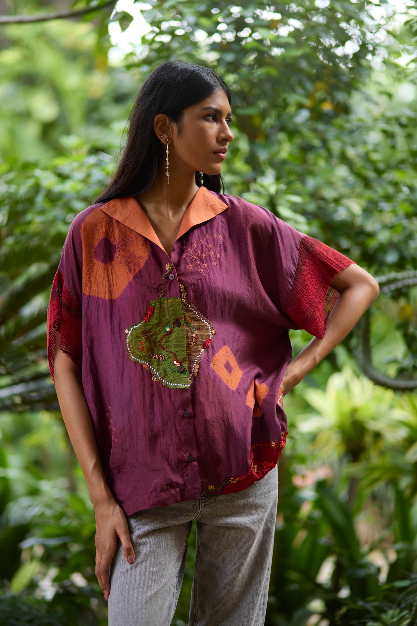 Plum Pure Silk Placement Bandhani Kaftan Shirt